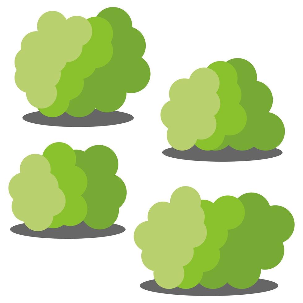 Set of four different cartoon green bushes isolated on white background. Vector illustration