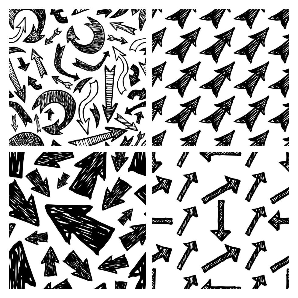 Seamless pattern with black hand drawn arrows. Set of four creative abstract backgrounds. Vector illustration