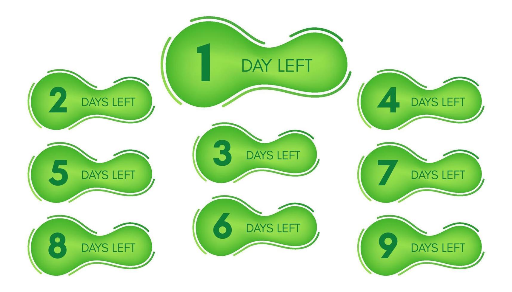 Number of days left. Set of nine green banners with countdown from 1 to 9. Vector illustration