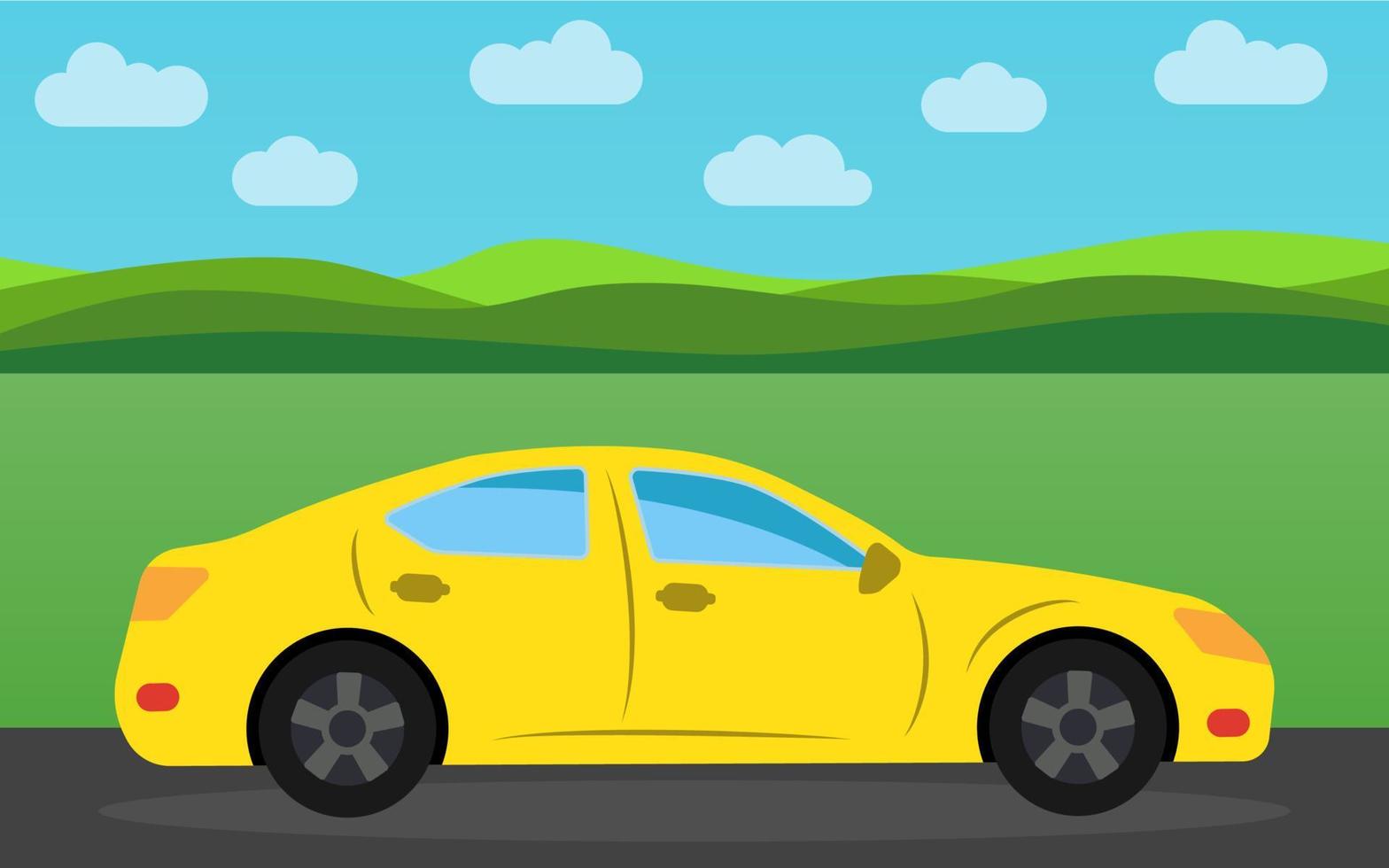 Yellow sports car in the background of nature landscape in the daytime. Vector illustration.