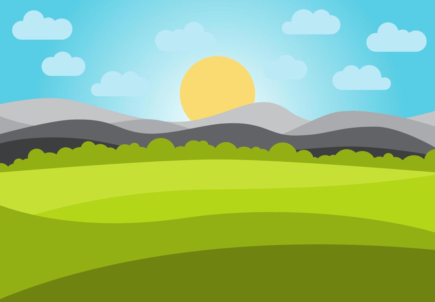 vector paisaje con campo y montañas. temprano Mañana con el creciente de el Dom en el horizonte. vector ilustración.