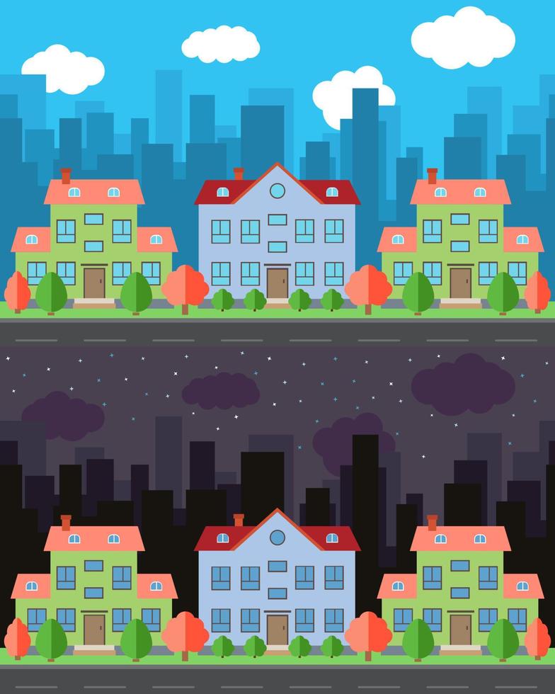 Vector city with cartoon houses and buildings in the day and night.Summer urban landscape. Street view with cityscape on a background