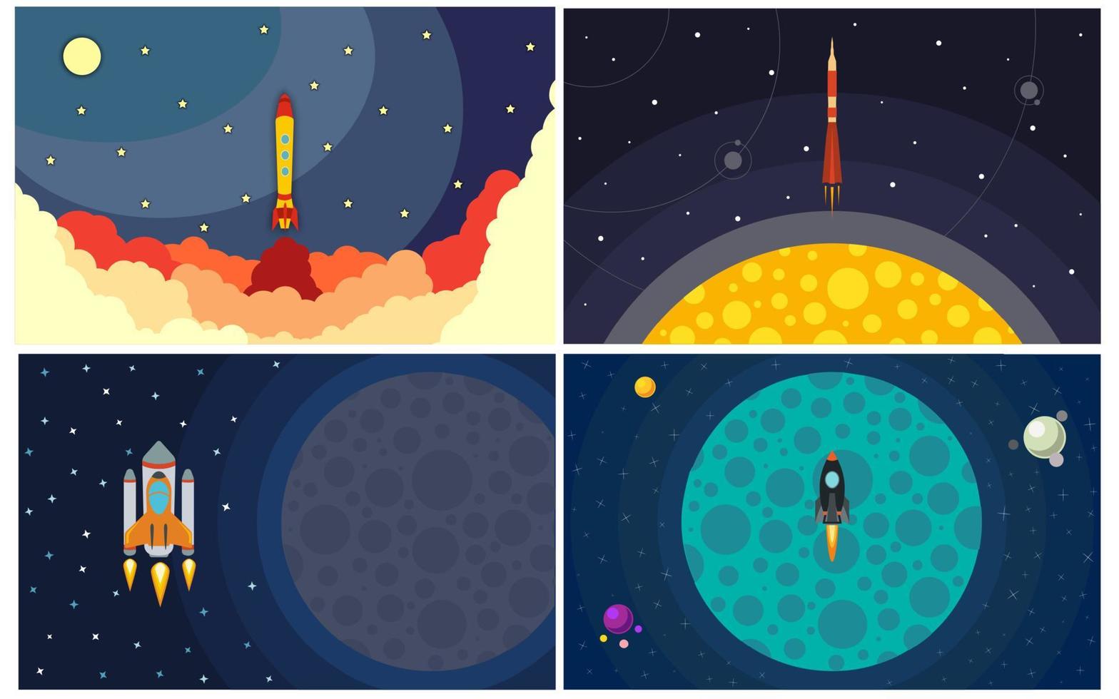 Set of four vector illustration with flying rocket. Space travel.