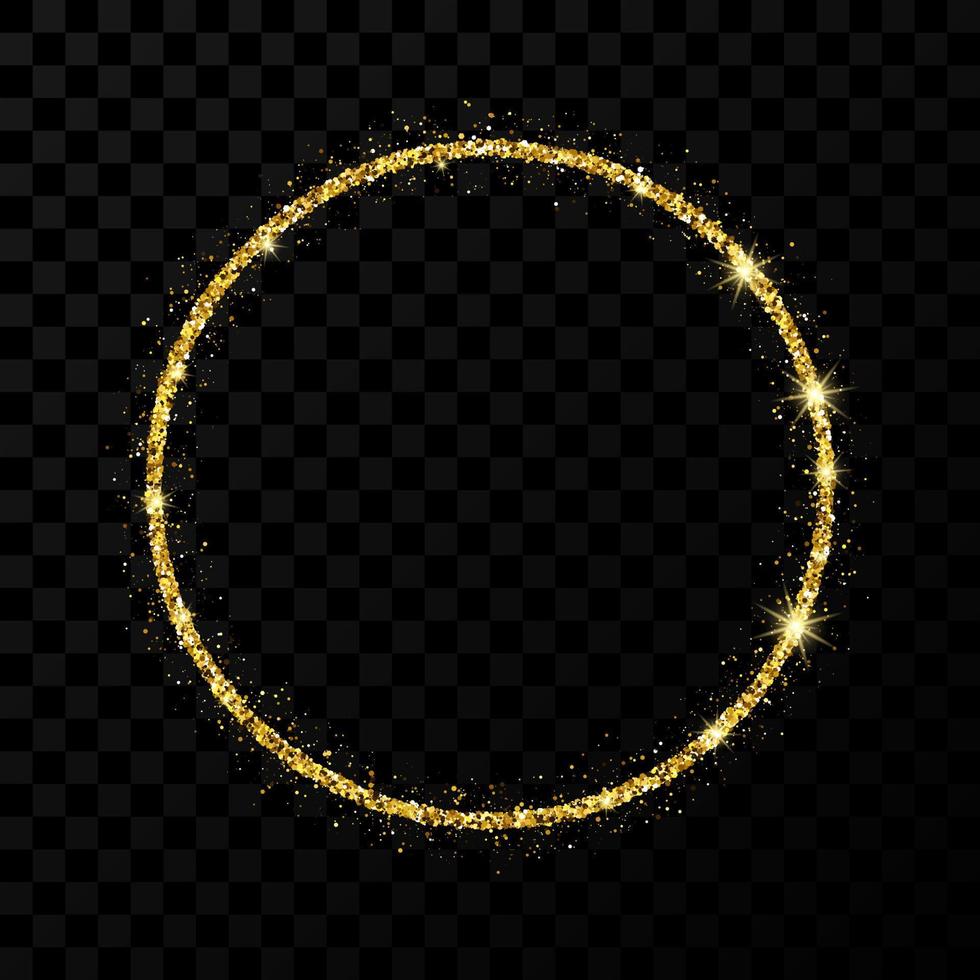 Gold glitter frame. Circle frame with shiny stars and sparkles on dark vector