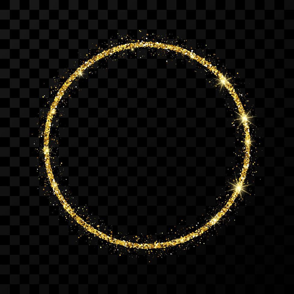 Gold glitter frame. Circle frame with shiny stars and sparkles on dark