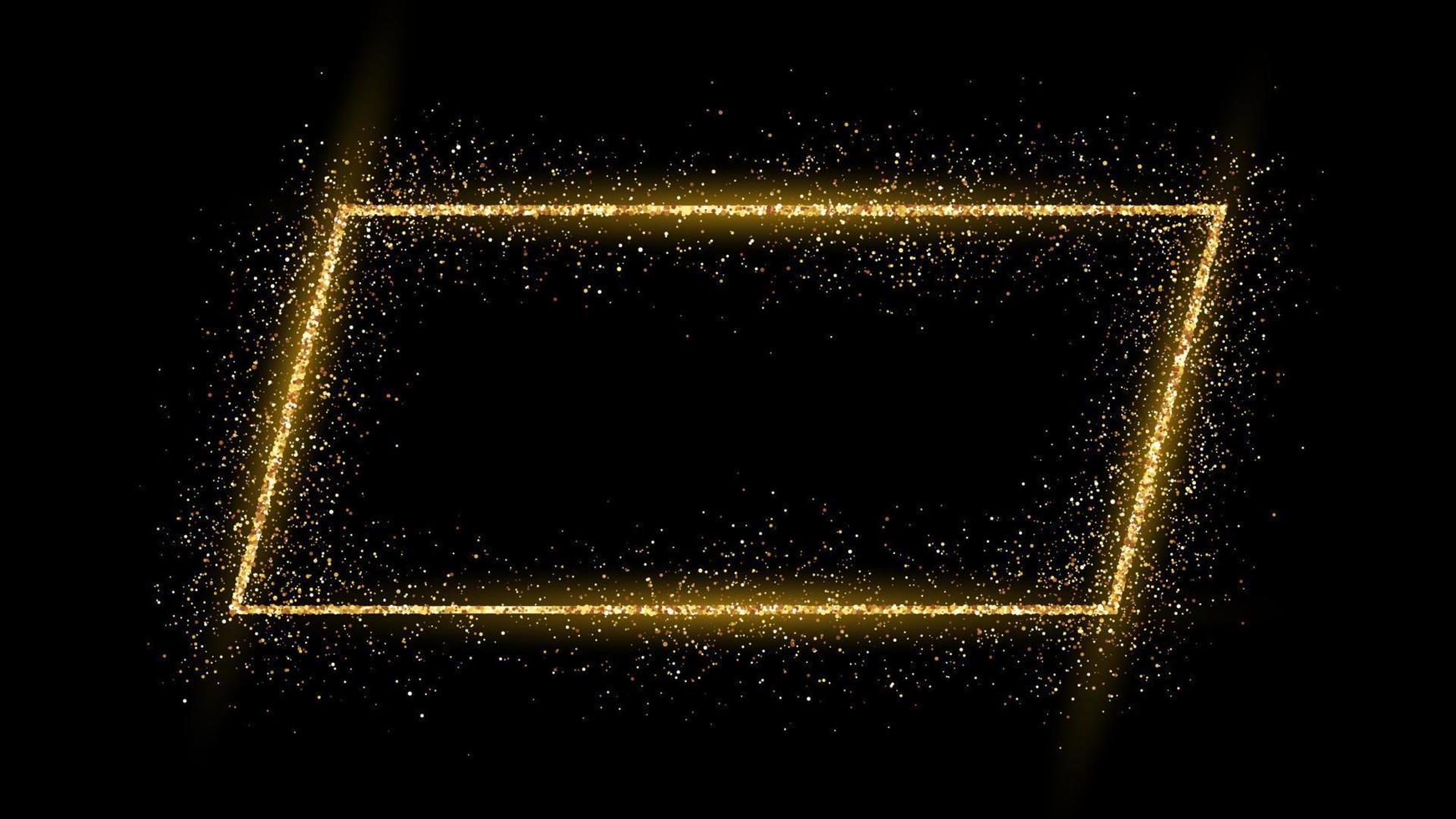 Golden frame with glitter, sparkles and flares on dark background. Empty luxury backdrop. Vector illustration.