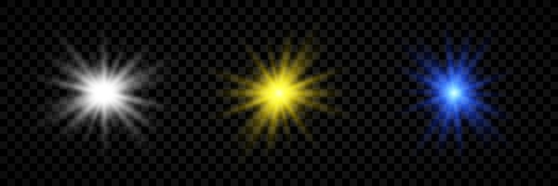 Light effect of lens flares. Set of three white, yellow and blue glowing lights starburst effects with sparkles vector