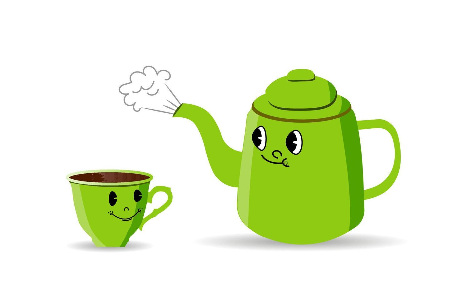 Cup and teapot with kawaii emotions vector