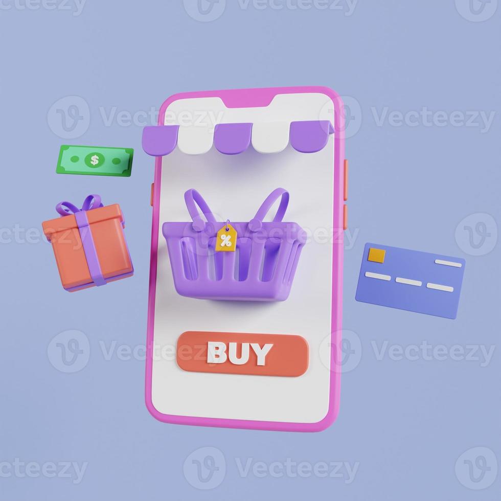 Online shopping 3D Illustration, online shop, online payment and delivery concept with floating elements. photo