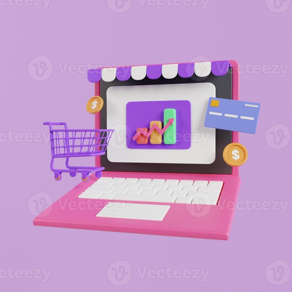 Online shopping 3D Illustration, online shop, online payment and delivery concept with floating elements. photo