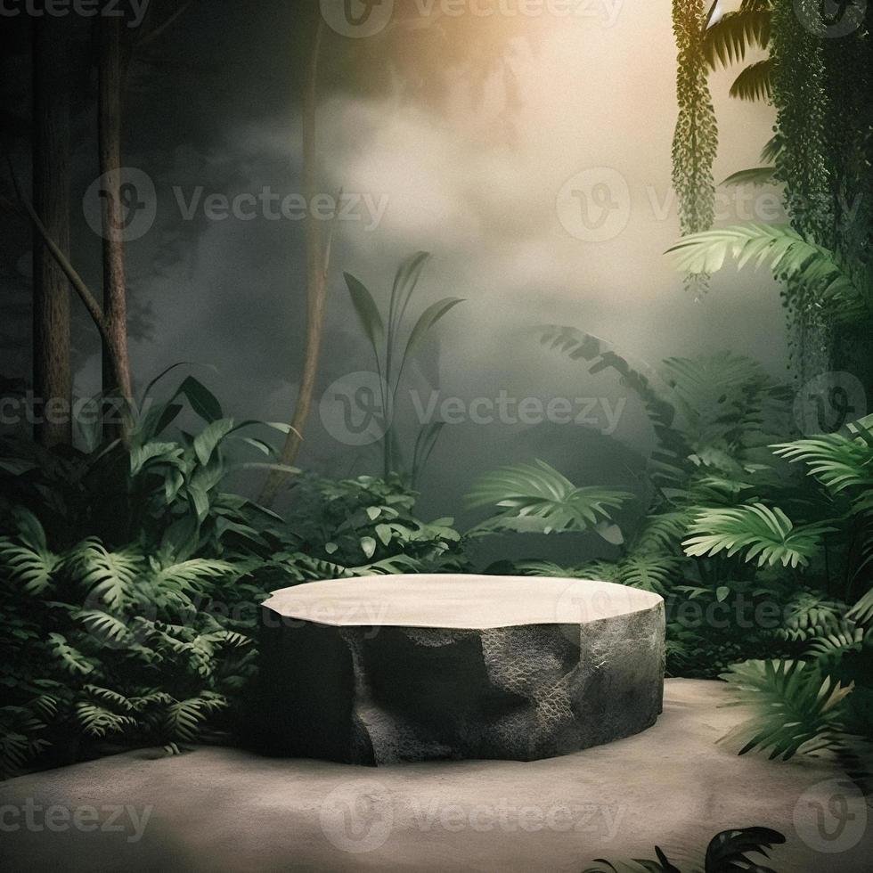 Professional Photography of an Empty Space Mockup Podium with a Jungle-Themed Nature Background for a Stunning Visual Impact photo