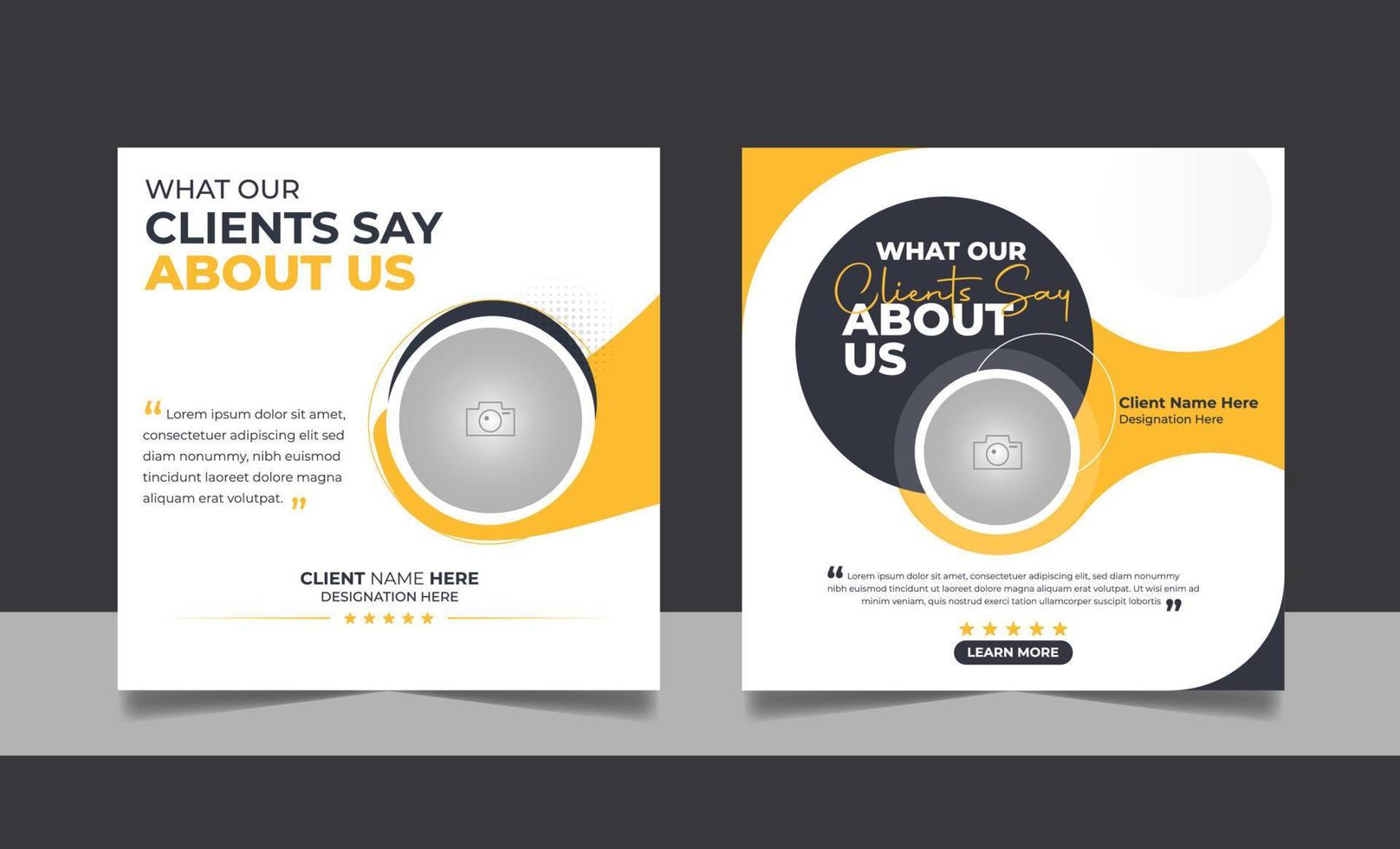 Customer feedback review social media post banner testimonial design square flyer web template set. vector