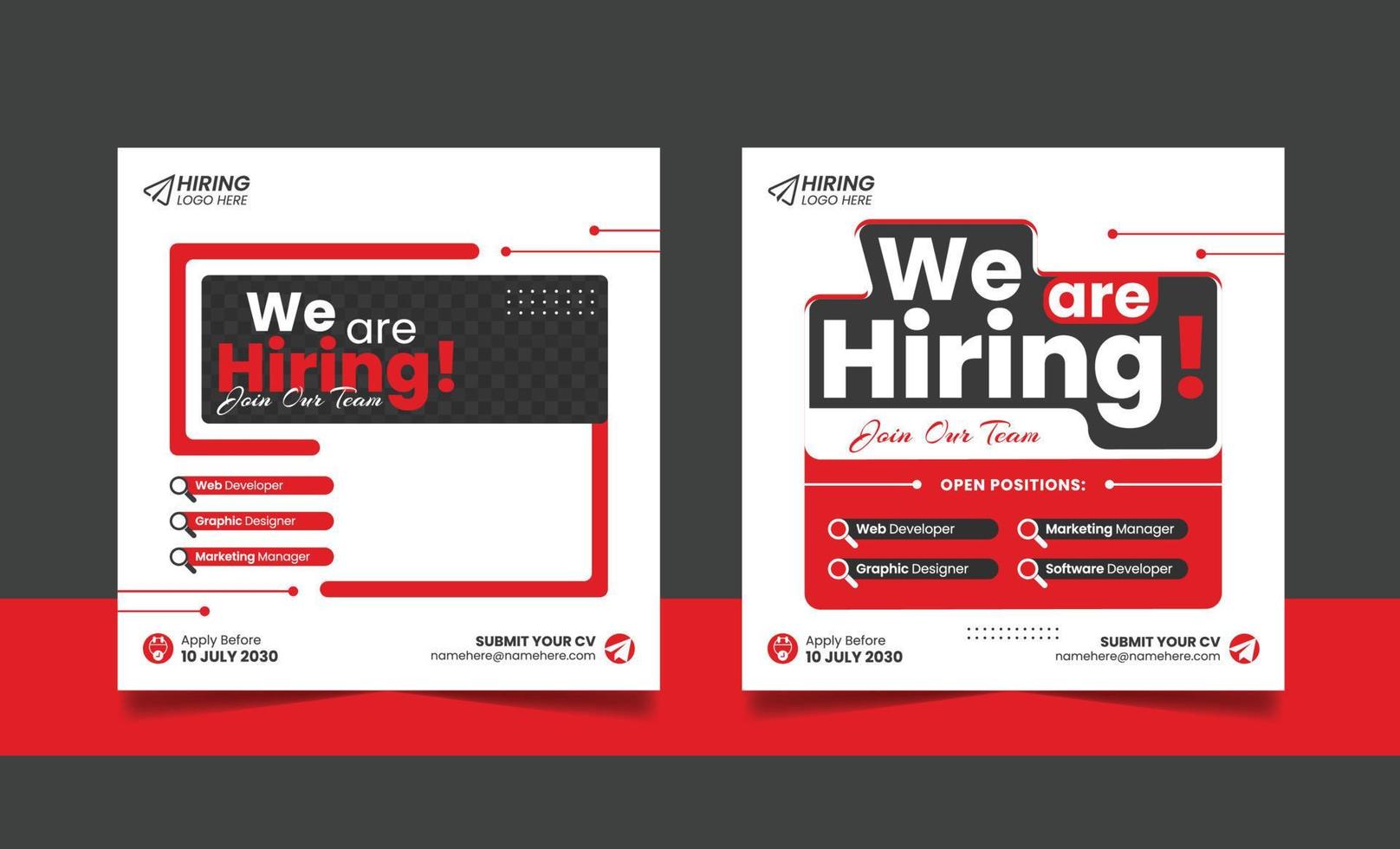 estamos contratando una plantilla de banner de vacante de empleo en redes sociales con color rojo negro. vector