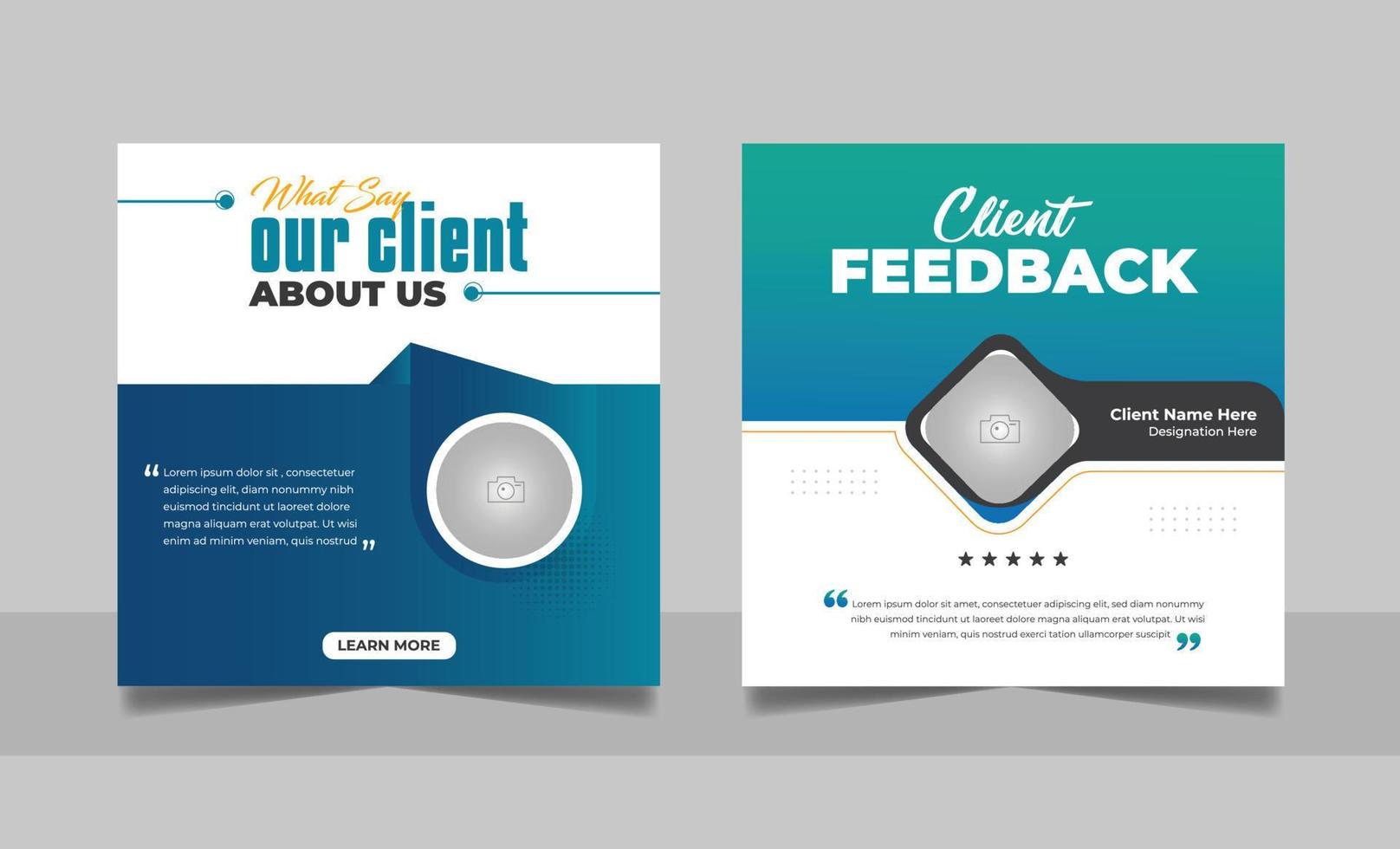 Customer feedback review social media post banner testimonial design square flyer web template set. vector