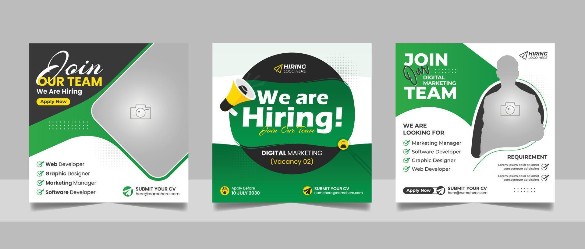 contratación trabajo vacante social medios de comunicación enviar modelo colocar. vacante reclutamiento digital márketing web bandera cuadrado volantes diseño con verde amarillo color. vector