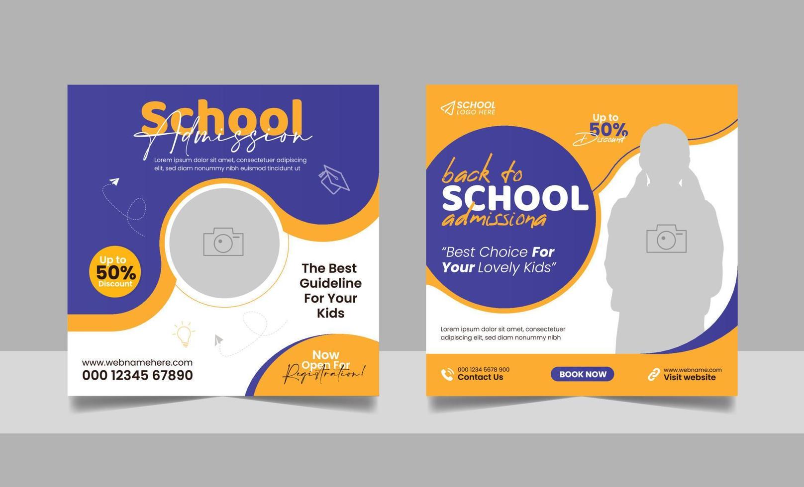 Back to school admission social media post, educational square flyer design web banner template set. vector