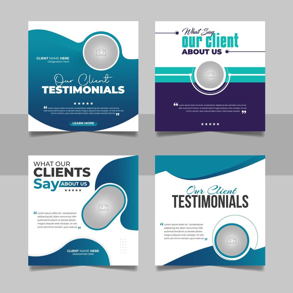 Customer feedback review social media post bundle testimonial design square flyer web banner template set. vector