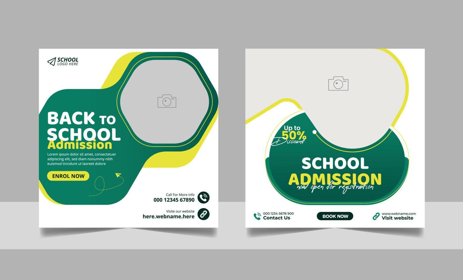 Back to school admission social media post, educational square flyer design web banner template set. vector