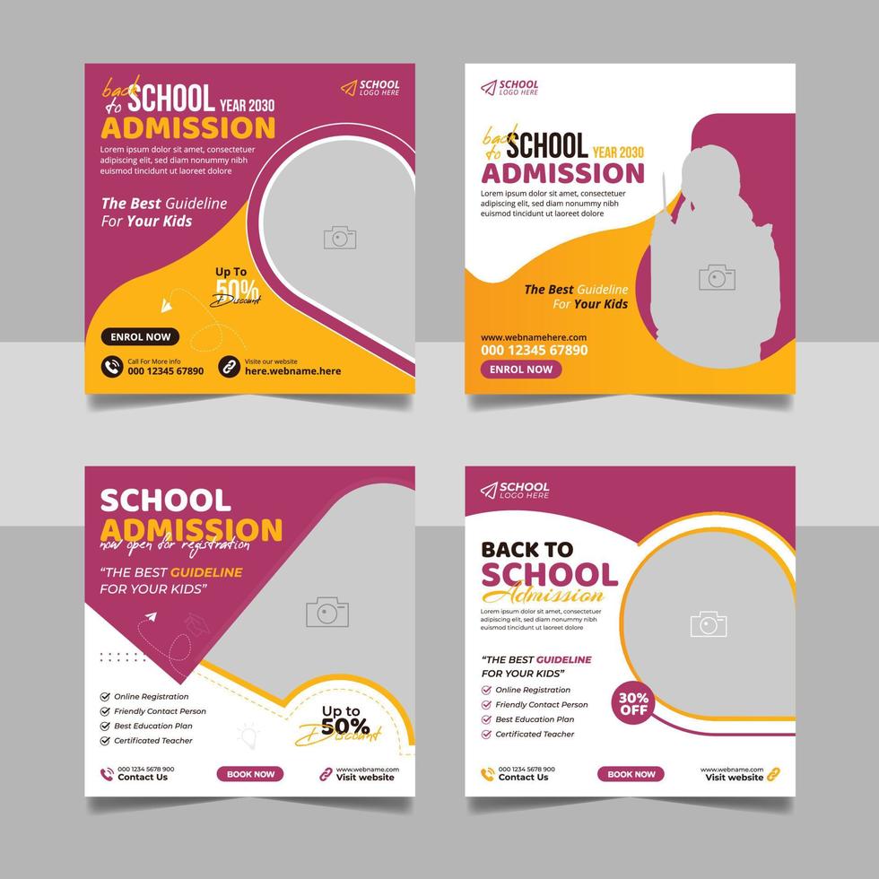 Back to school admission social media post, educational square flyer bundle web banner design template set. vector