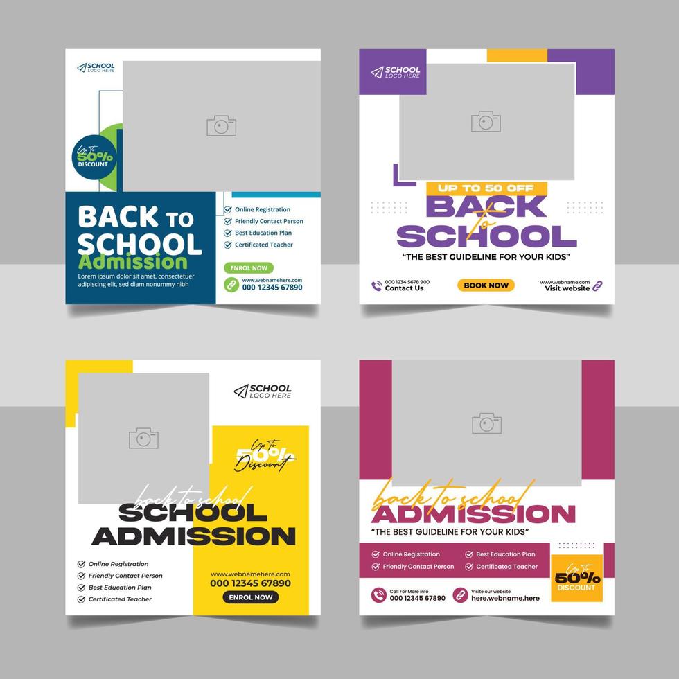 Back to school admission social media post, educational square flyer bundle web banner design template set. vector