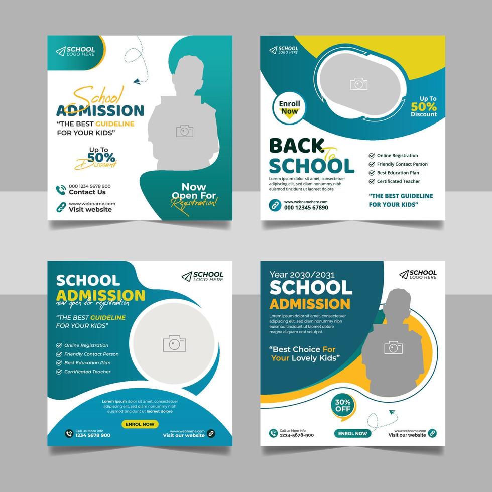 Back to school admission social media post, educational square flyer bundle web banner design template set. vector