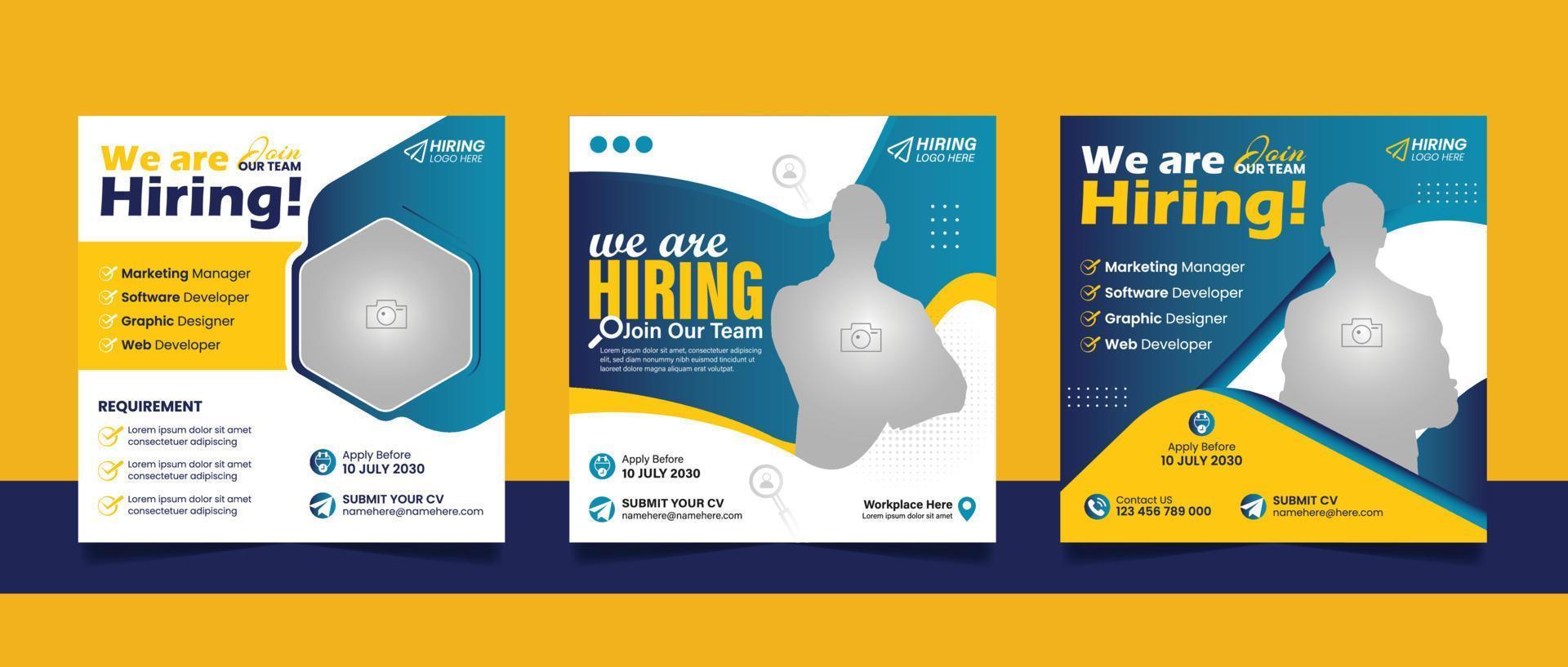 Hiring job vacancy social media post banner template set. Business we are hiring employee square flyer design. vector