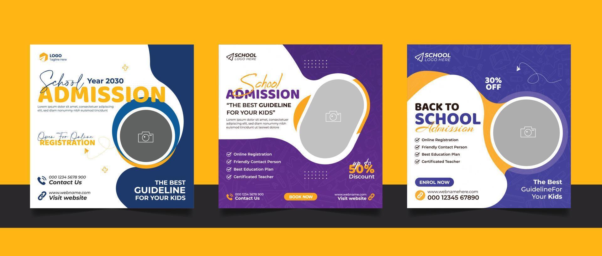 Back to school admission social media post, educational square flyer design web banner template set. vector