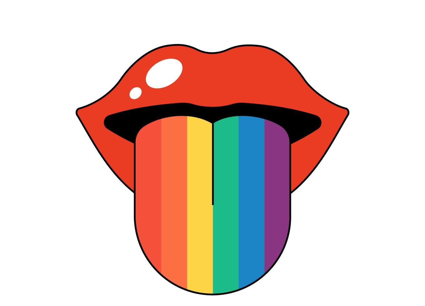 Retro groovy opened mouth with rainbow colored tongue sticking out and licking. Hippy red open lips. Funky psychedelic female lip. Vintage positive hippie sticker print. Trendy y2k pop art EPS patch vector