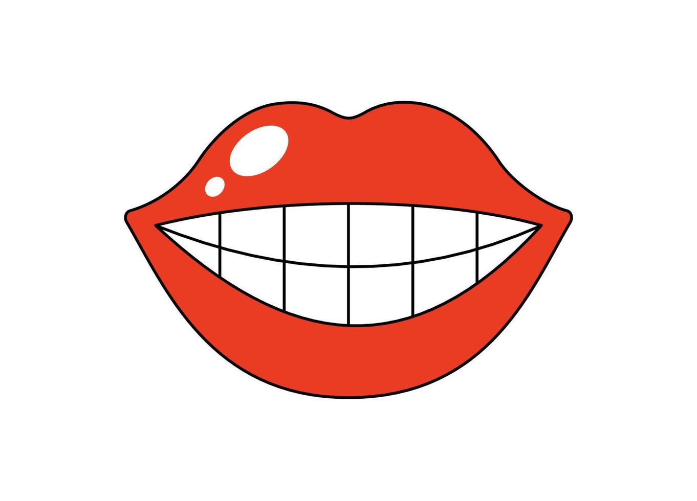 Retro groovy smiling mouth with shiny white teeth. Big plump glossy red opened lips. Funky female lip with lipstick. Vintage hippie sticker print. Vector trendy pop art isolated eps patch