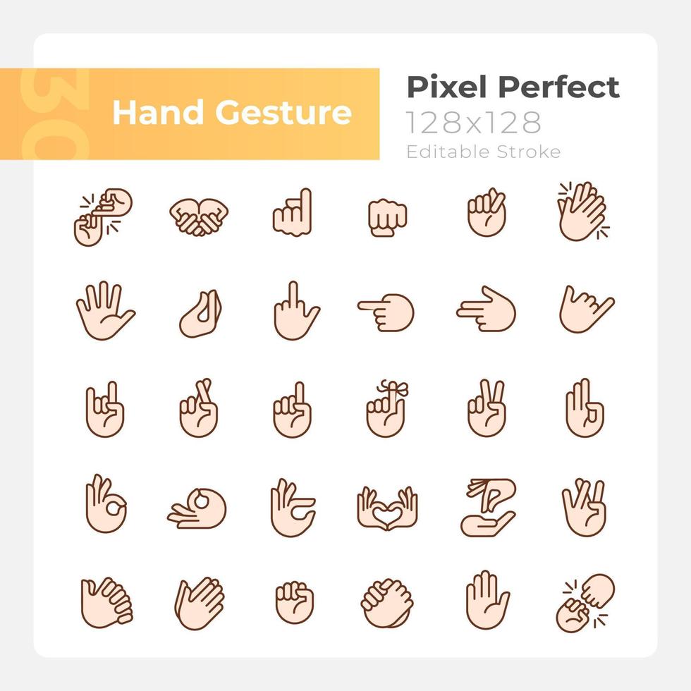 Hand gestures pixel perfect RGB color icons set. Body language. Communication. Isolated vector illustrations. Simple filled line drawings collection. Editable stroke