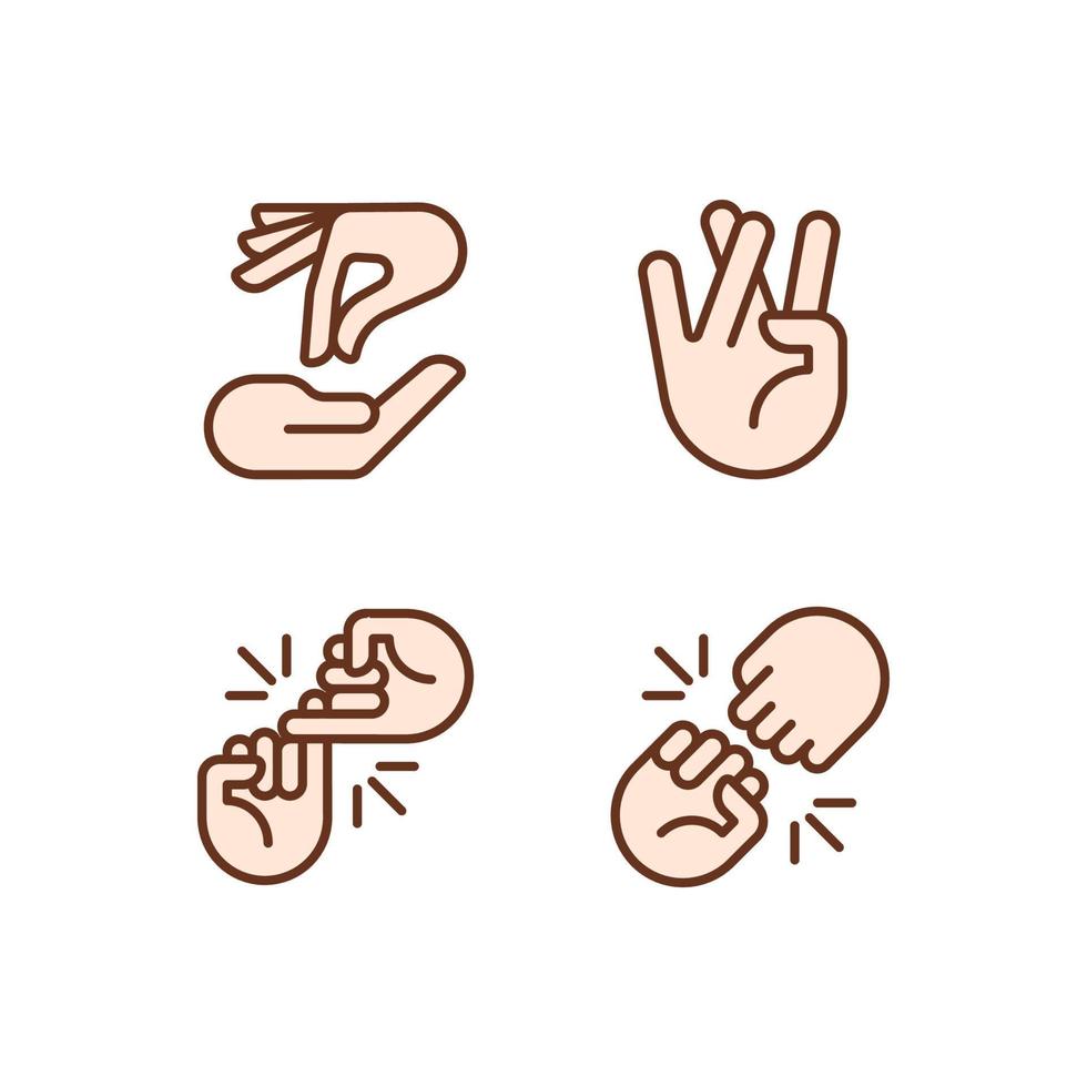 Using gestures for communication pixel perfect RGB color icons set. Interaction and expression. Hands position. Isolated vector illustrations. Simple filled line drawings collection. Editable stroke