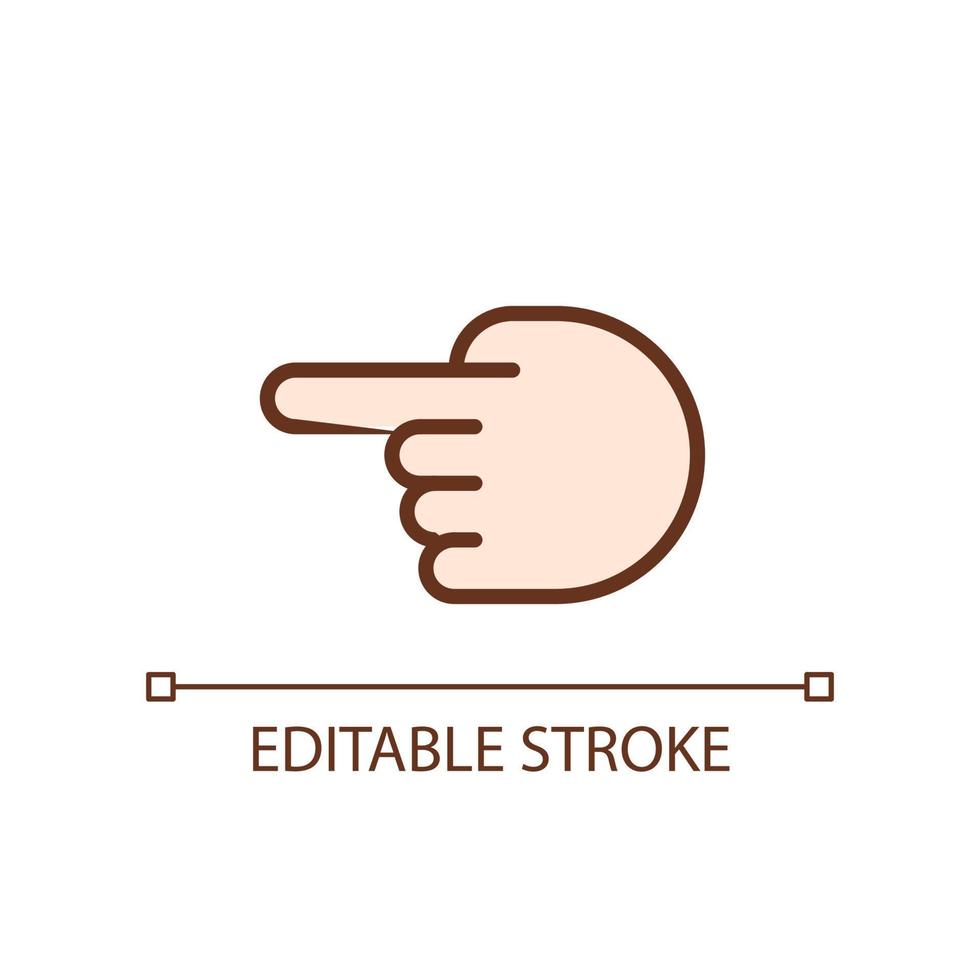 Hand pointing aside pixel perfect RGB color icon. Index finger showing direction. Hand gesture. Isolated vector illustration. Simple filled line drawing. Editable stroke