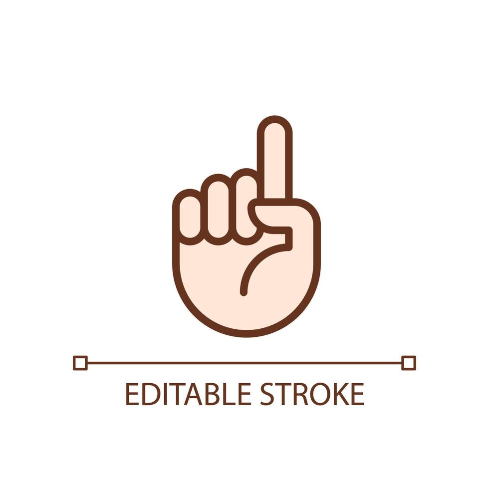 Attention sign pixel perfect RGB color icon. Raised up index finger. Informative hand gesture. Isolated vector illustration. Simple filled line drawing. Editable stroke