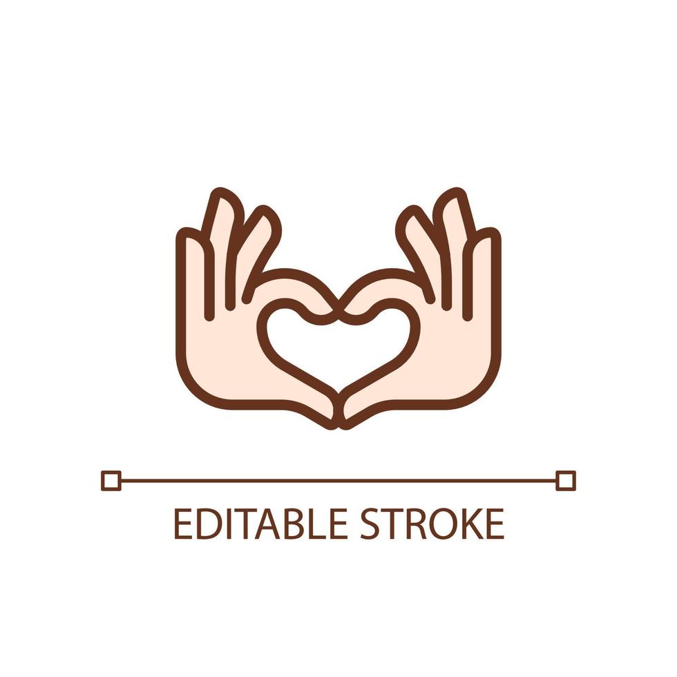 Hands heart gesture pixel perfect RGB color icon. Showing affection and love. Romantic relationship. Isolated vector illustration. Simple filled line drawing. Editable stroke