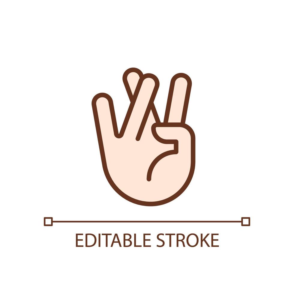 Praying for good luck pixel perfect RGB color icon. Crossed ring and middle fingers. Hand gesture. Isolated vector illustration. Simple filled line drawing. Editable stroke