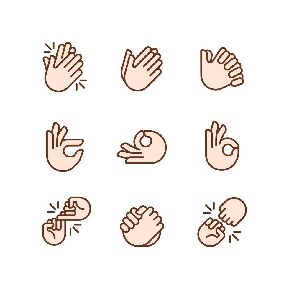 Gestures and communication pixel perfect RGB color icons set. Non verbal signals. Body expression. Isolated vector illustrations. Simple filled line drawings collection. Editable stroke