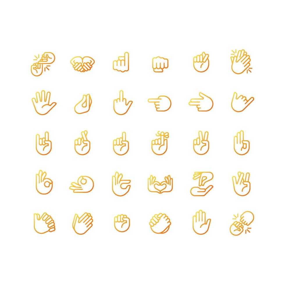 Hand gestures pixel perfect gradient linear vector icons set. Body language. Communication signals. Thin line contour symbol designs bundle. Isolated outline illustrations collection