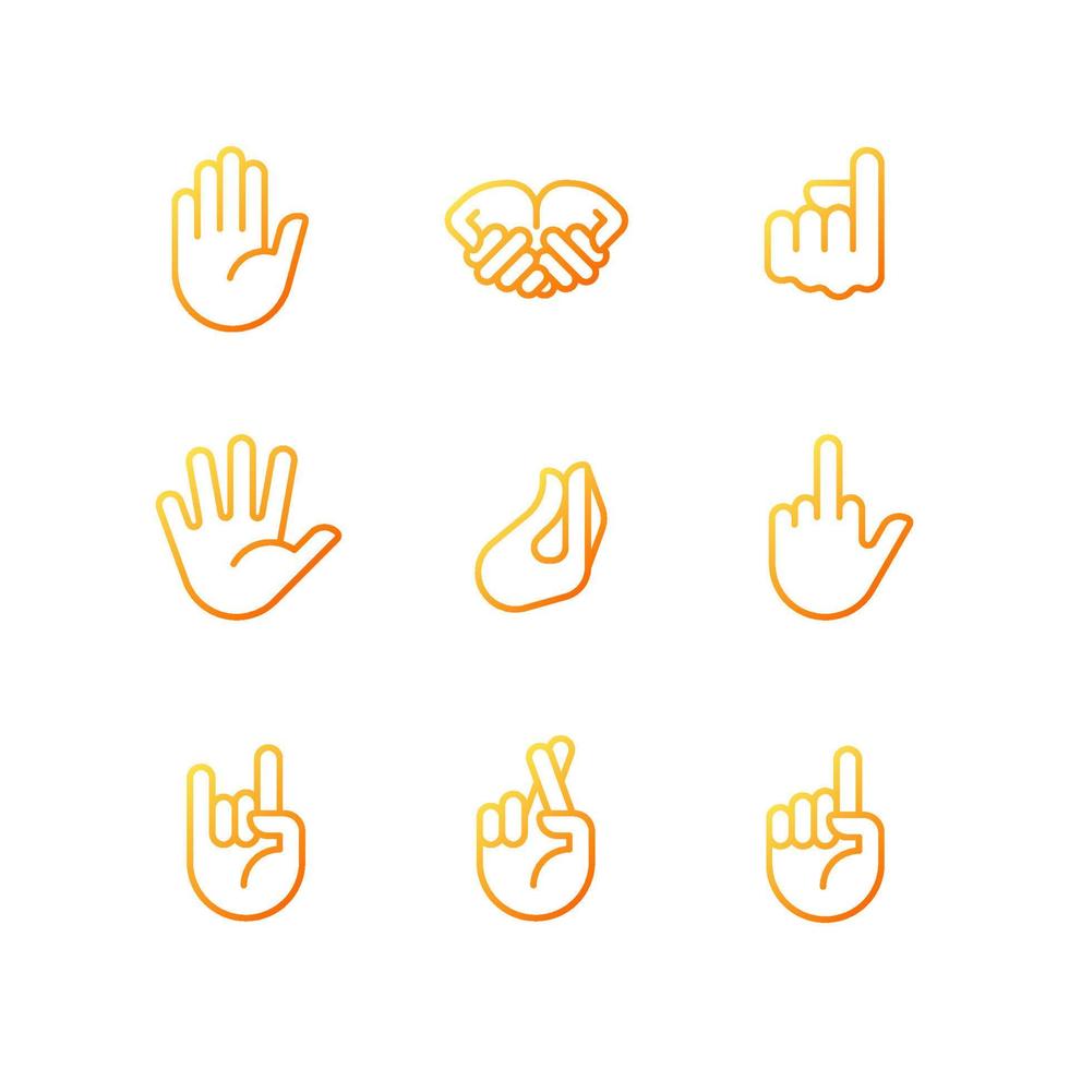 Gestures expression pixel perfect gradient linear vector icons set. Non verbal communication. Visual symbols. Thin line contour symbol designs bundle. Isolated outline illustrations collection