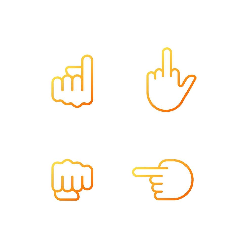 Pointing fingers and fist pixel perfect gradient linear vector icons set. Hand gestures. Body language performance. Thin line contour symbol designs bundle. Isolated outline illustrations collection