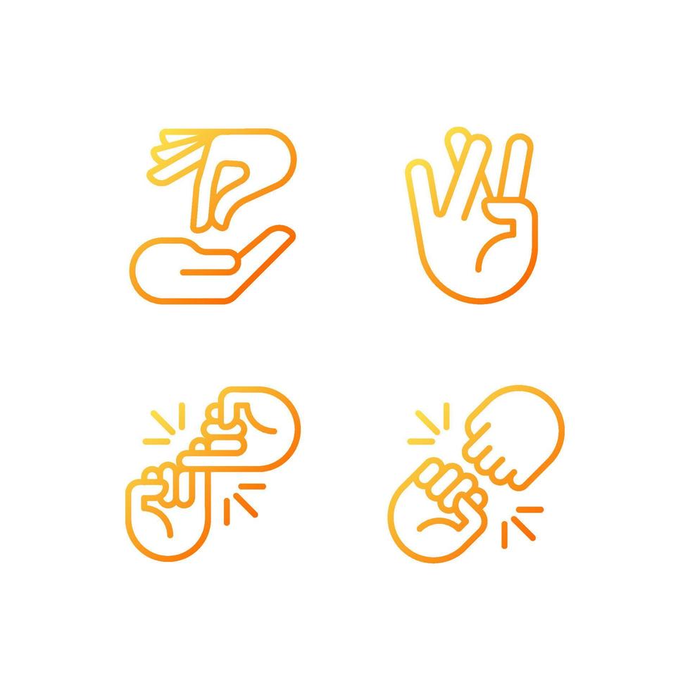 Using gestures for communication pixel perfect gradient linear vector icons set. Interaction process. Hands position. Thin line contour symbol designs bundle. Isolated outline illustrations collection