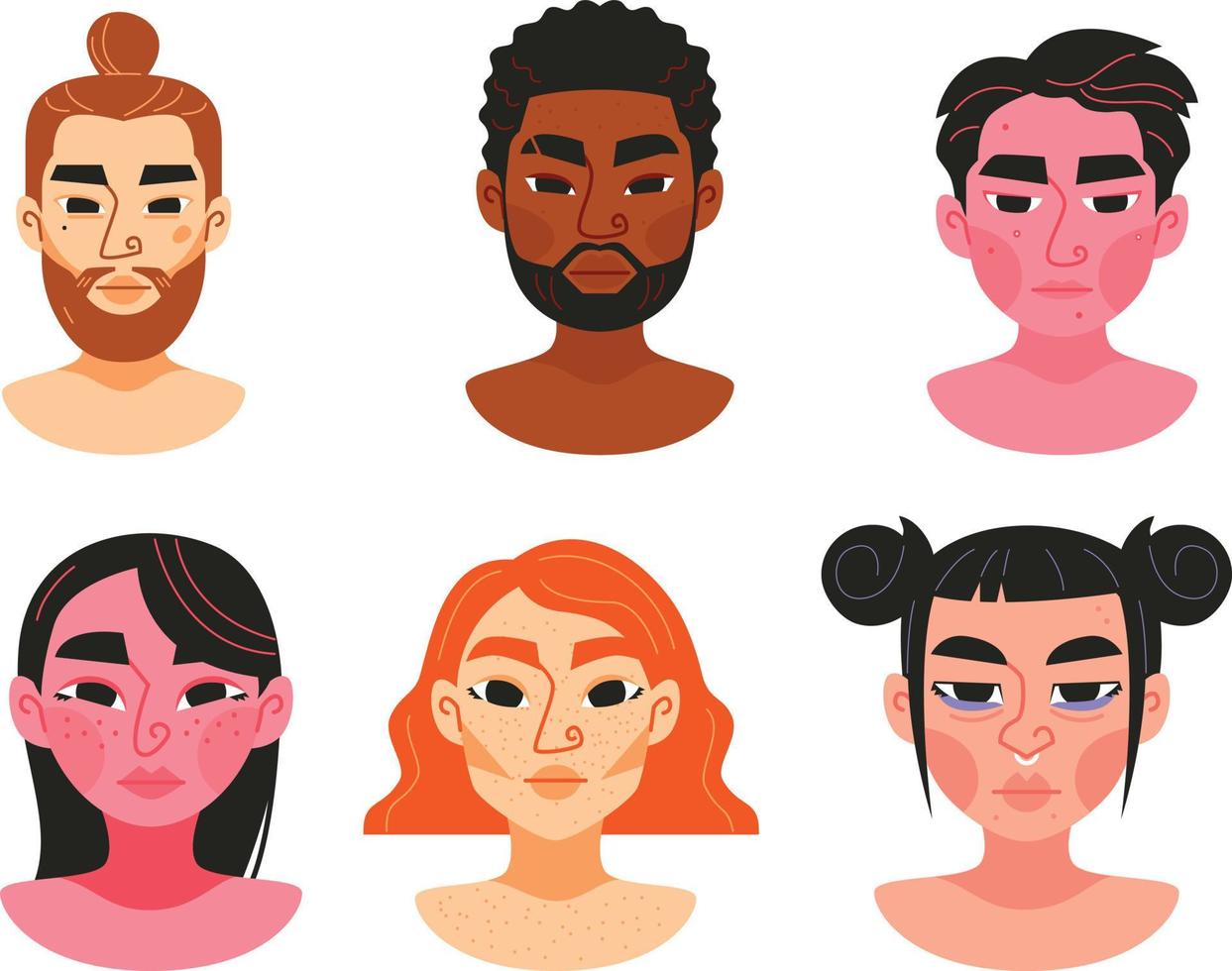 Set of people avatars with different skin colors. Vector illustration in flat style