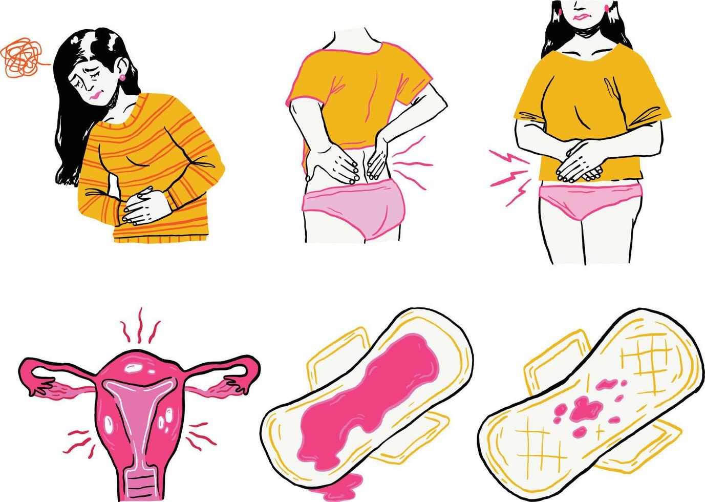 Woman with different types of menstruation cycle. Set of vector illustrations.