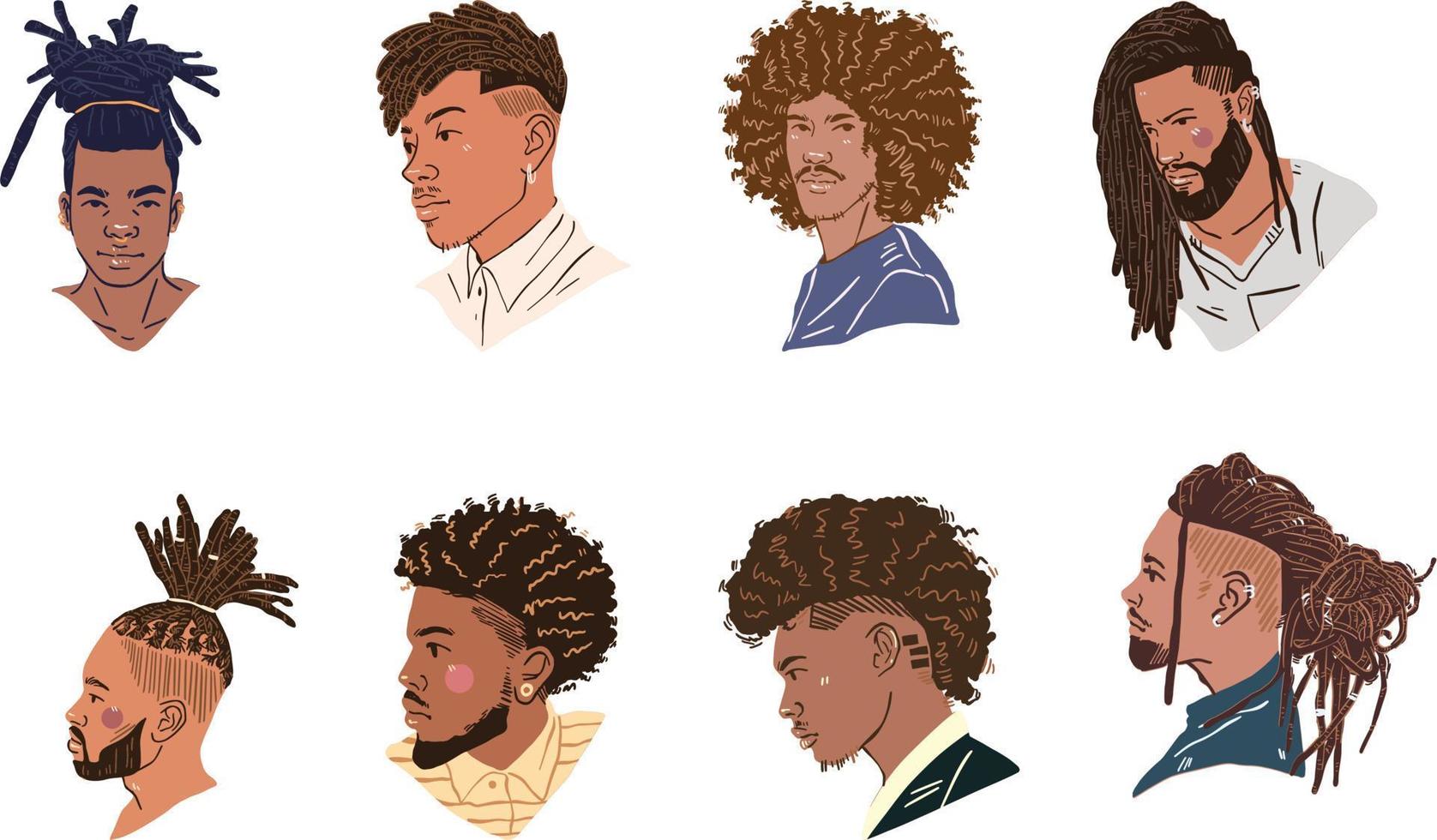 Set of african american men with different hairstyles. Vector illustration