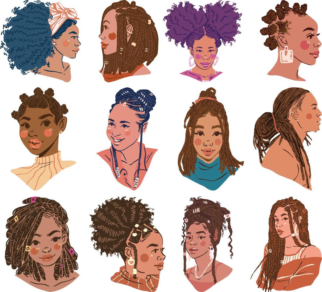 Vector set of beautiful african american women with different hairstyles