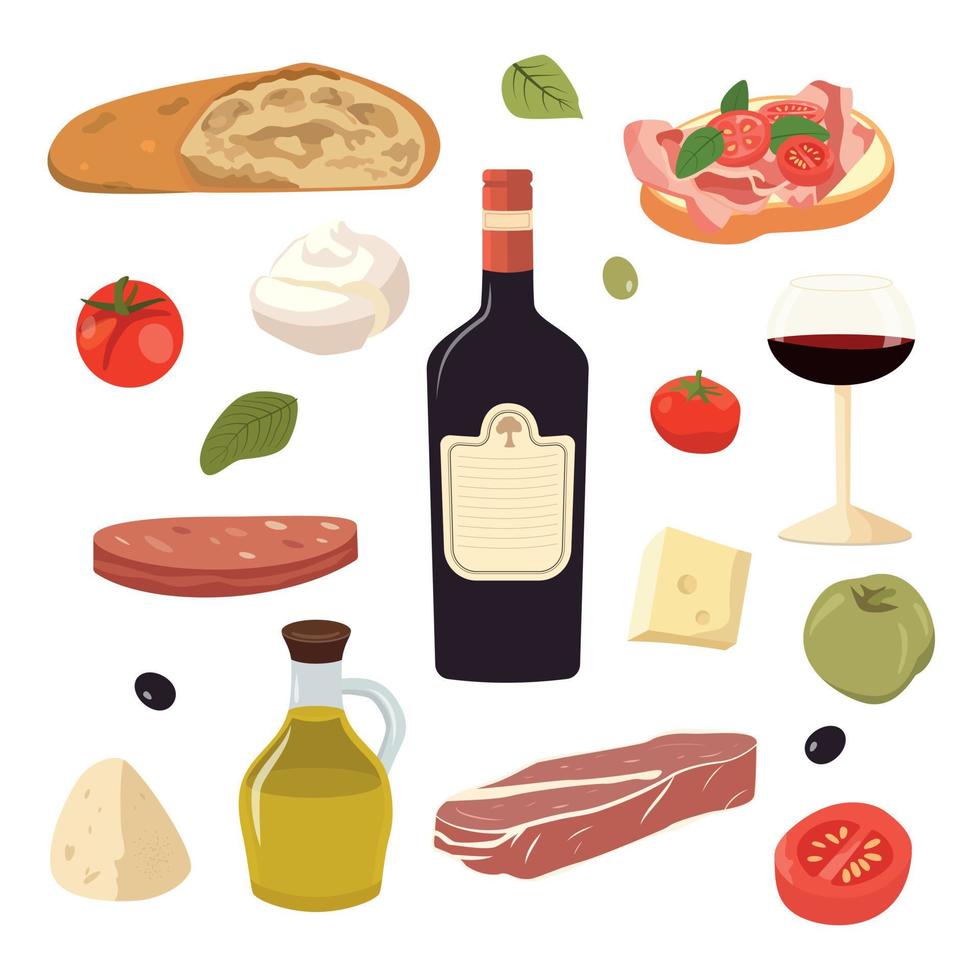 Vector set of Italian products. Travel illustration with Italian cheese, meat, bread, tomatoes, and wine. Isolated on white background.