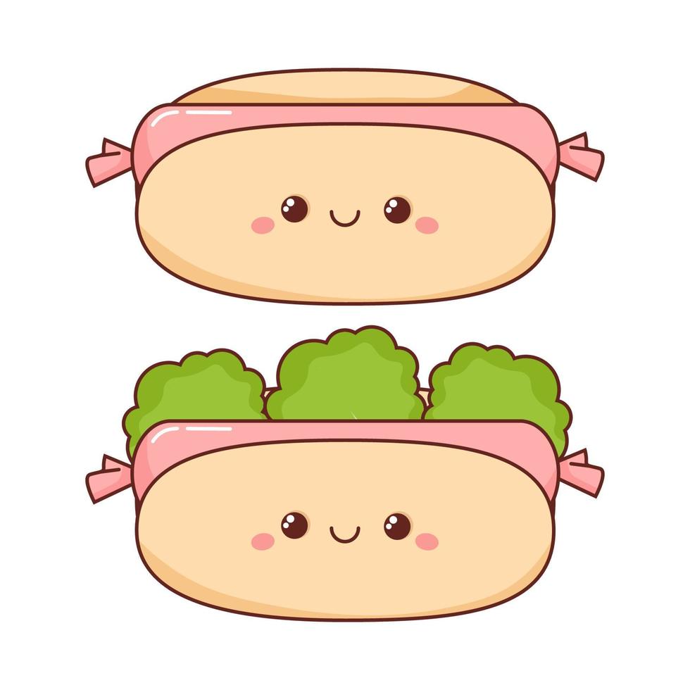 Two different hotdogs with sausage with eyes and smile kawaii style vector