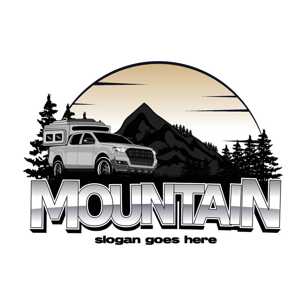 Mountain logo design with camp truck vector illustration, outdoor adventure . Vector graphic for t shirt and other uses