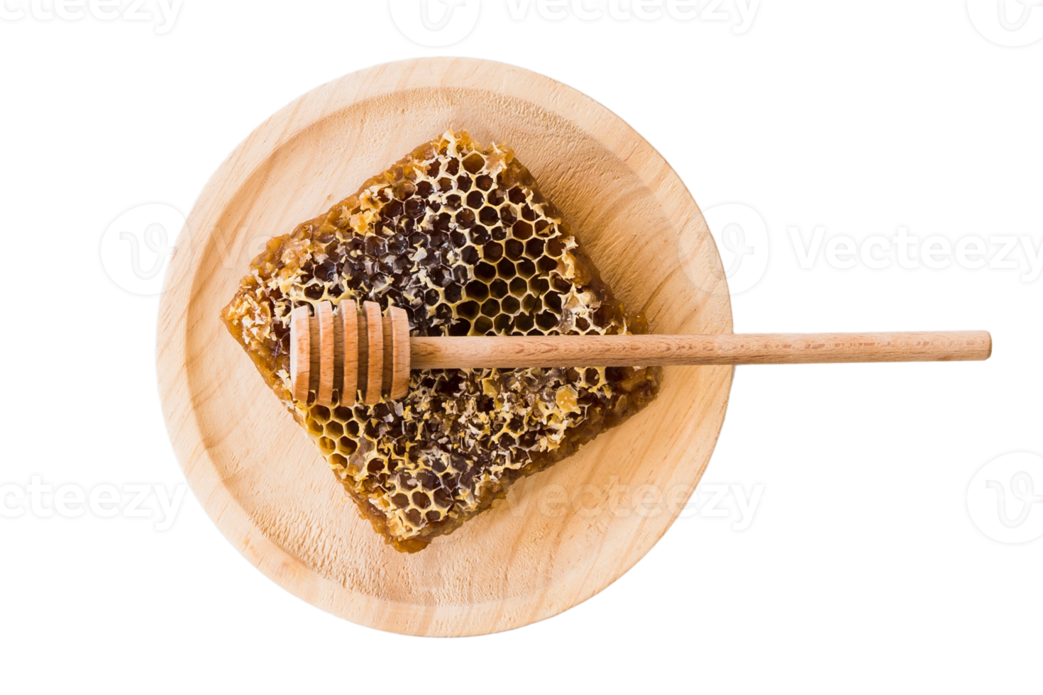 Wooden tray with honey and wooden honey spoon isolated on a transparent background png