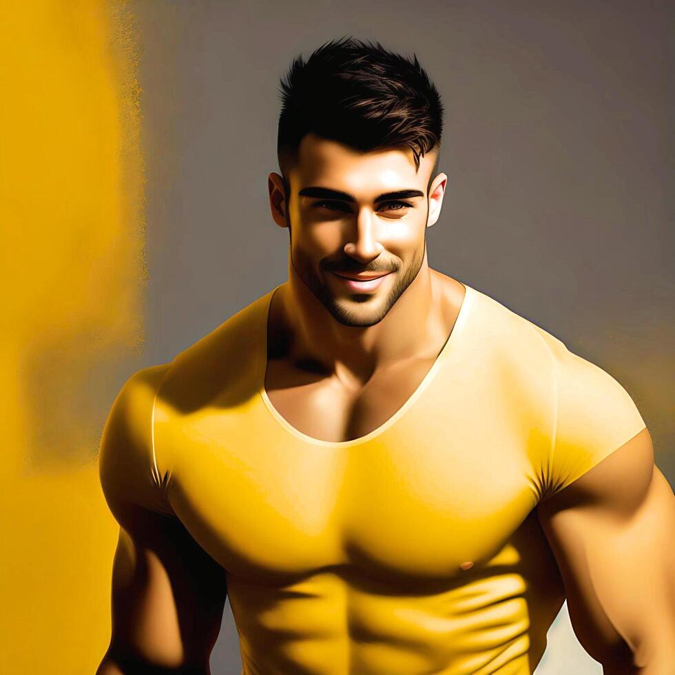 un hermoso joven masculino hombre con amarillo camiseta mirando sexy retrato ai generado foto