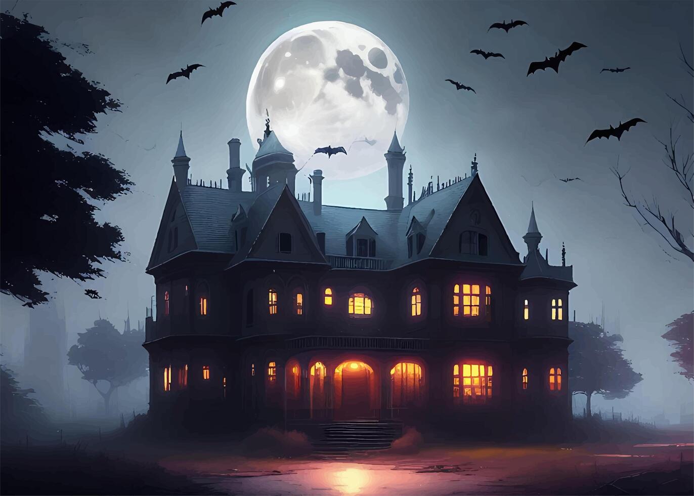 A Big and Eerie Old Mansion At Midnight with Full Moon and Bats photo